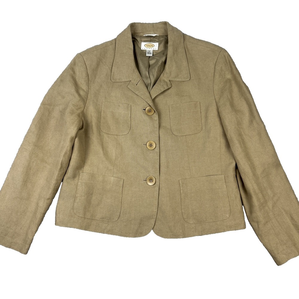 TALBOTS Irish Linen Blazer Khaki‎ Womens Size 14P Lined Pockets Jacket Career